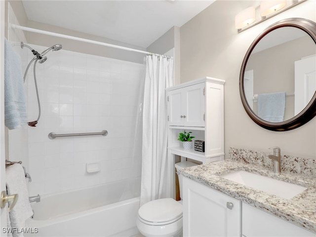 full bathroom featuring shower / bath combination with curtain, toilet, and vanity