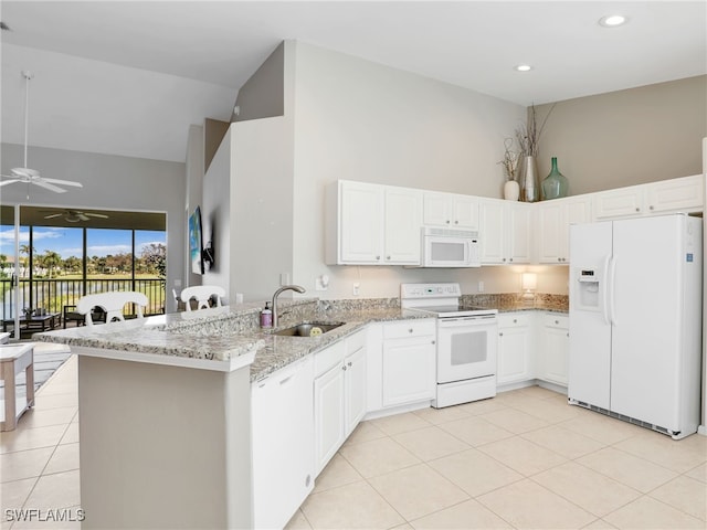 kitchen with white appliances, white cabinetry, sink, and kitchen peninsula