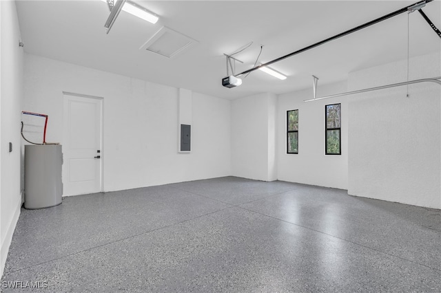 garage with water heater, a garage door opener, and electric panel