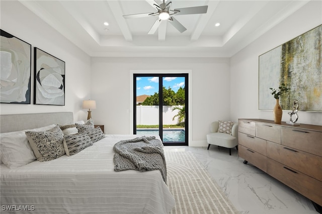 bedroom with access to outside, beamed ceiling, and ceiling fan