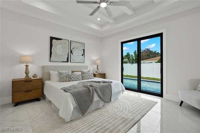 bedroom with ceiling fan and access to exterior