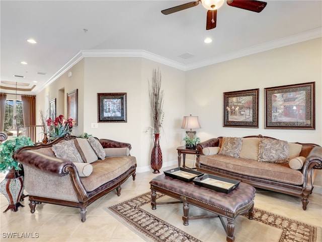 living room featuring light tile patterned flooring, crown molding, and ceiling fan