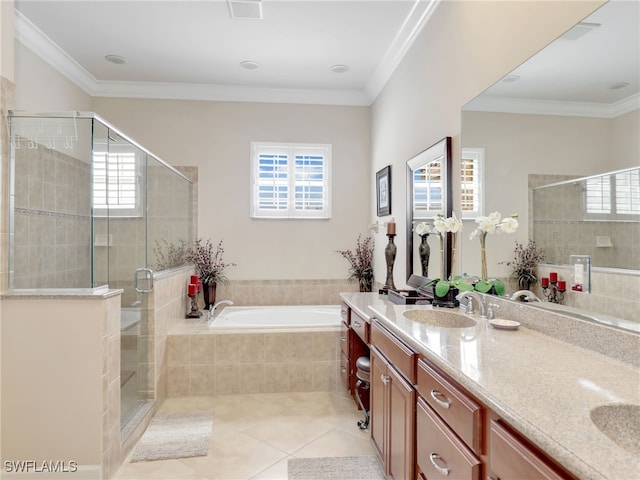 bathroom featuring vanity, shower with separate bathtub, tile patterned flooring, and crown molding