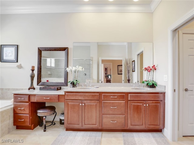 bathroom with crown molding, tile patterned floors, vanity, and independent shower and bath