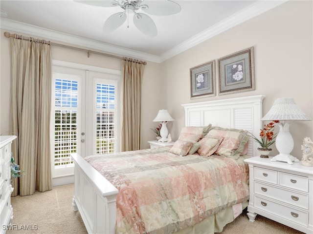 bedroom with ornamental molding, access to exterior, light colored carpet, and ceiling fan