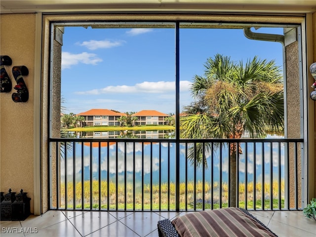 interior space with a water view