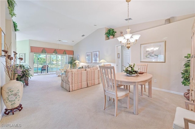 carpeted dining area with vaulted ceiling and a notable chandelier