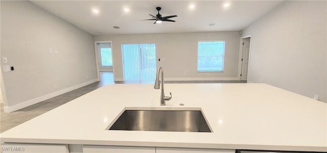 kitchen with ceiling fan, plenty of natural light, and sink