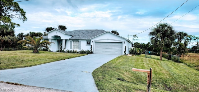 single story home with a front lawn and a garage