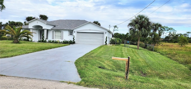 ranch-style home with a front yard and a garage