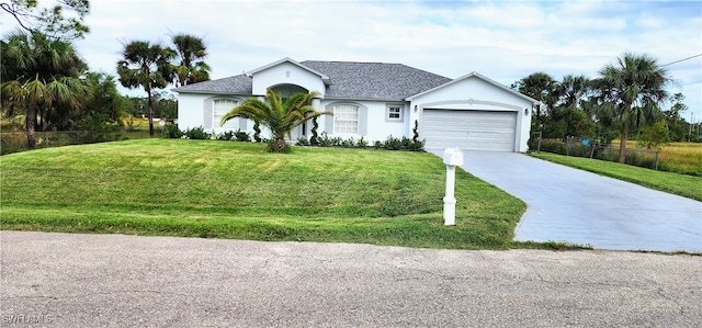 single story home with a garage and a front lawn