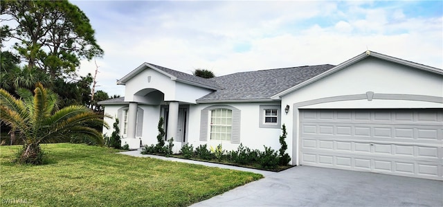 ranch-style house featuring a front yard and a garage