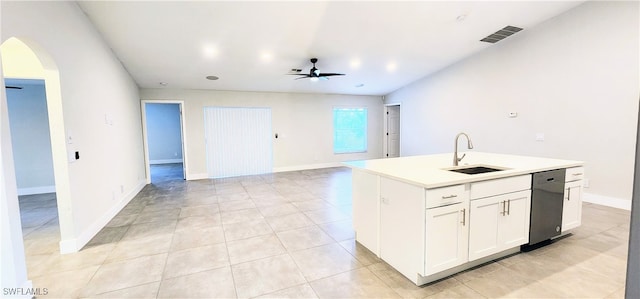 kitchen with white cabinetry, a kitchen island with sink, stainless steel dishwasher, and sink