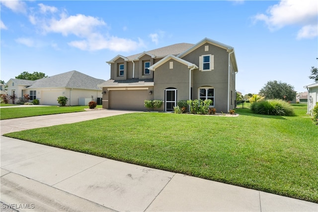 view of property featuring a garage and a front yard