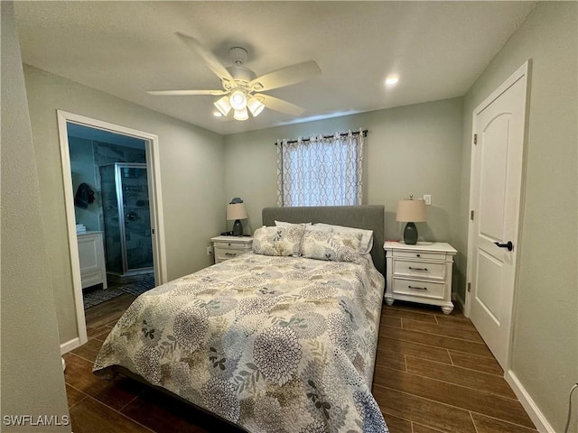 159 Pearl St, Fort Myers Beach, FL 33931 - bedroom with baseboards, ceiling fan, connected bathroom, and dark wood finished floors