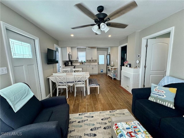 159 Pearl St, Fort Myers Beach, FL 33931 - living area with a wealth of natural light, recessed lighting, dark wood-style floors, and ceiling fan
