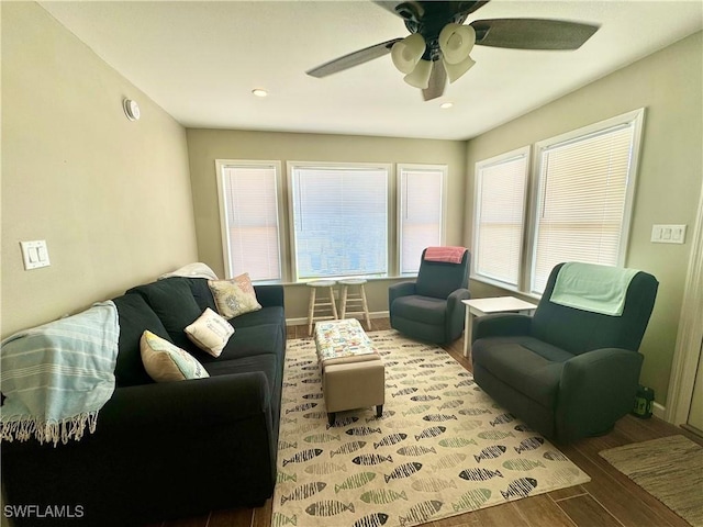 159 Pearl St, Fort Myers Beach, FL 33931 - living room featuring wood finished floors, baseboards, a ceiling fan, and recessed lighting