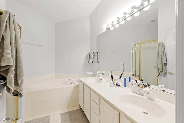 bathroom with vanity, separate shower and tub, and tile patterned flooring