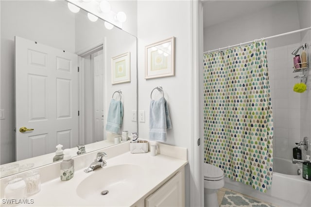 full bathroom with toilet, shower / bath combo with shower curtain, vanity, and tile patterned floors