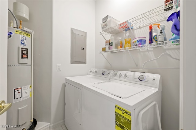 laundry room with water heater, electric panel, and washing machine and clothes dryer