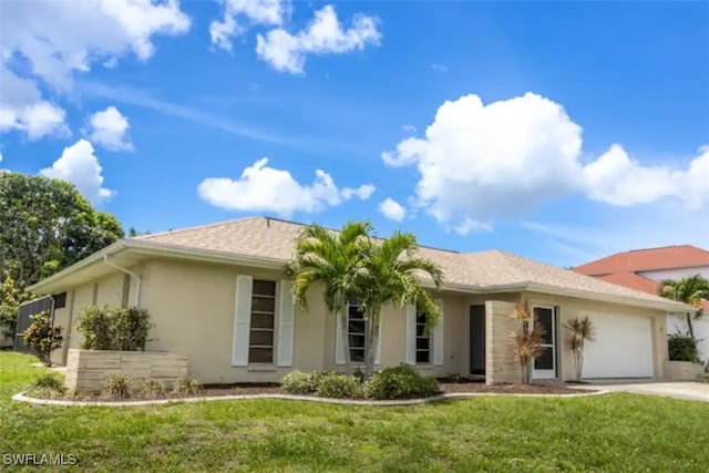 ranch-style home with a front yard and a garage