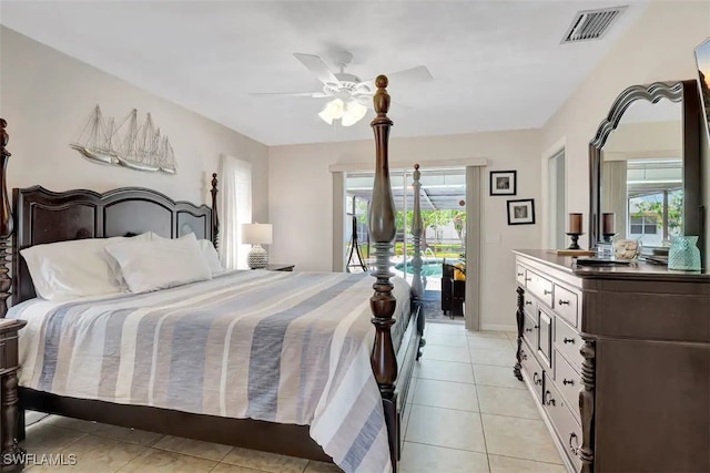 bedroom featuring access to outside, multiple windows, light tile patterned flooring, and ceiling fan