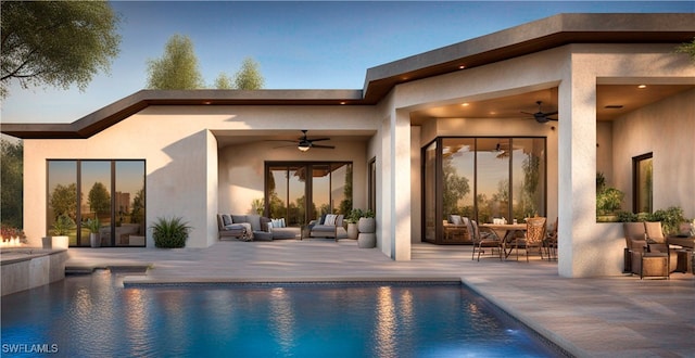 view of swimming pool featuring outdoor lounge area, a patio, and ceiling fan