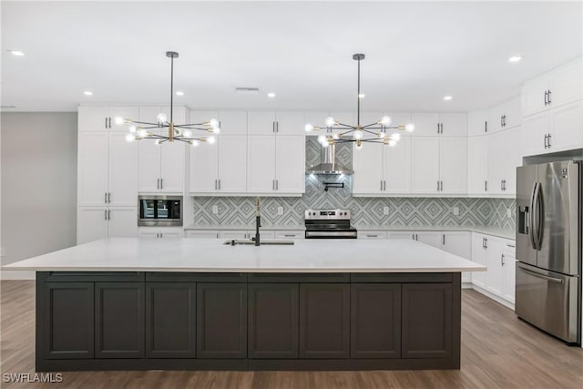 kitchen with a kitchen island with sink, pendant lighting, white cabinets, and stainless steel appliances