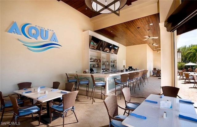 dining space with high vaulted ceiling, wooden ceiling, and a ceiling fan