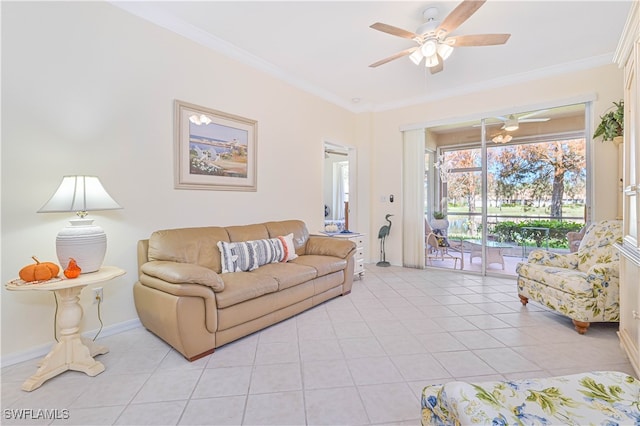 tiled living room with crown molding and ceiling fan