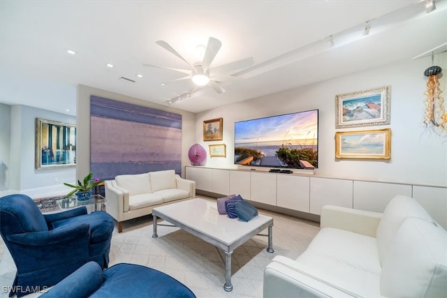 living room featuring ceiling fan