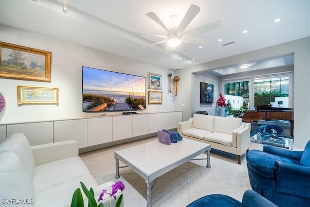 living room with ceiling fan