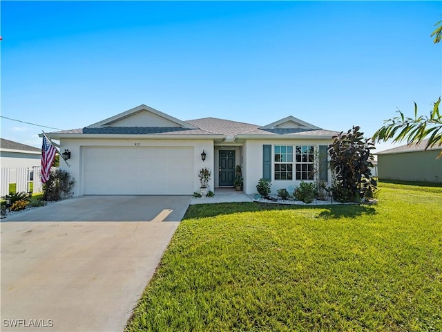 ranch-style home with a garage and a front lawn