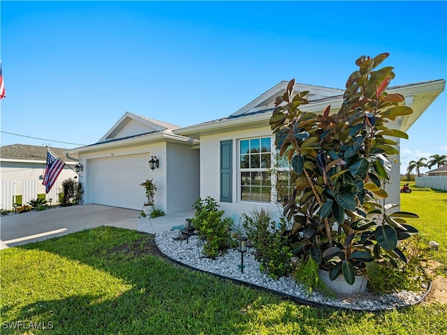 ranch-style home with a garage and a front yard