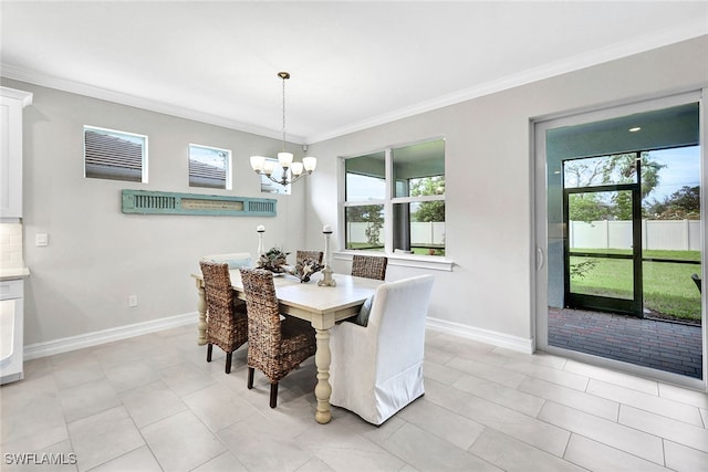 dining area with a notable chandelier, a healthy amount of sunlight, light tile patterned flooring, and crown molding