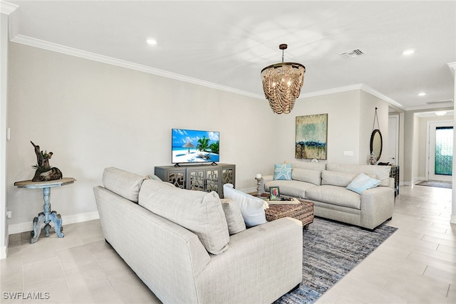 tiled living room featuring ornamental molding and an inviting chandelier