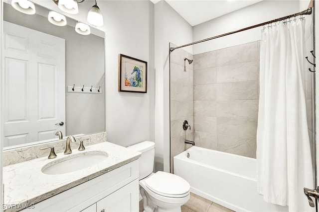 full bathroom with vanity, shower / tub combo with curtain, toilet, and tile patterned floors