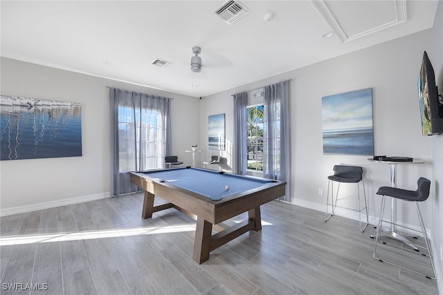 game room featuring pool table, light wood-type flooring, and ceiling fan