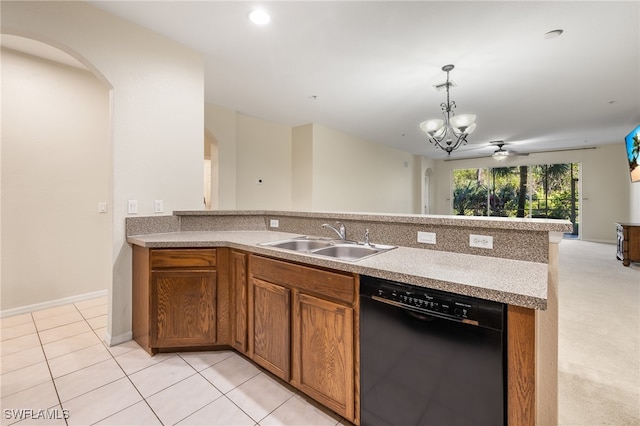 kitchen featuring light carpet, ceiling fan with notable chandelier, sink, decorative light fixtures, and black dishwasher