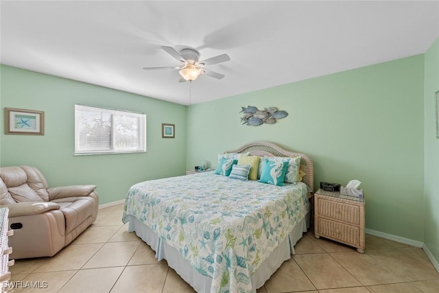 bedroom featuring ceiling fan and light tile patterned flooring