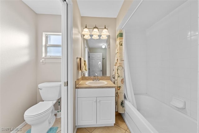 full bathroom with shower / bath combo with shower curtain, tile patterned floors, toilet, and vanity