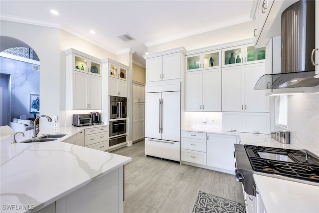 kitchen with white cabinetry, sink, tasteful backsplash, light stone countertops, and paneled fridge