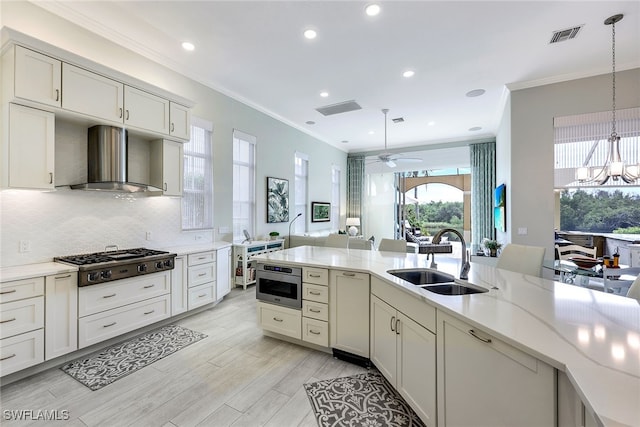 kitchen with stainless steel appliances, pendant lighting, sink, wall chimney exhaust hood, and ceiling fan with notable chandelier