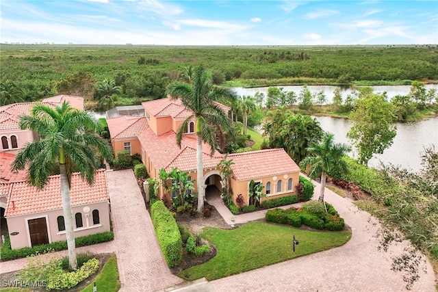 aerial view featuring a water view