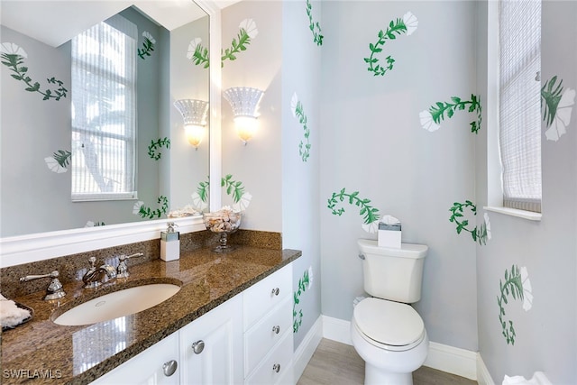 bathroom with toilet, vanity, and hardwood / wood-style flooring