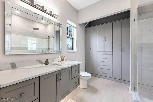 bathroom with vanity, toilet, and a shower with shower door