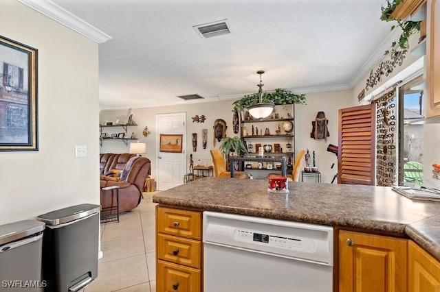 kitchen featuring dishwasher, hanging light fixtures, light tile patterned floors, and ornamental molding