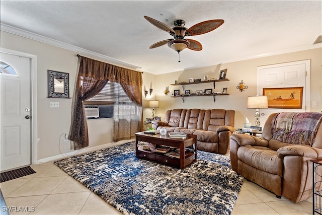 living room featuring ceiling fan, light tile patterned floors, and ornamental molding