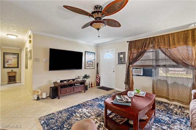 tiled living room featuring a textured ceiling, cooling unit, ceiling fan, and crown molding