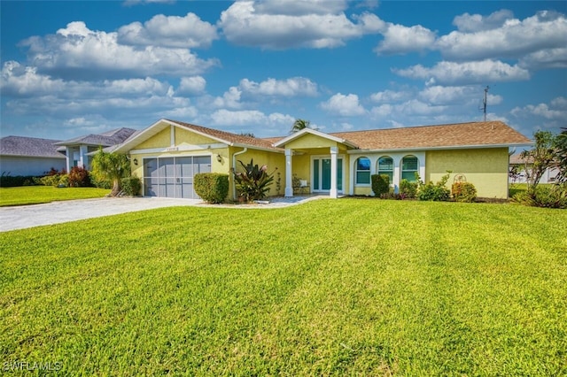 ranch-style home featuring a front yard and a garage